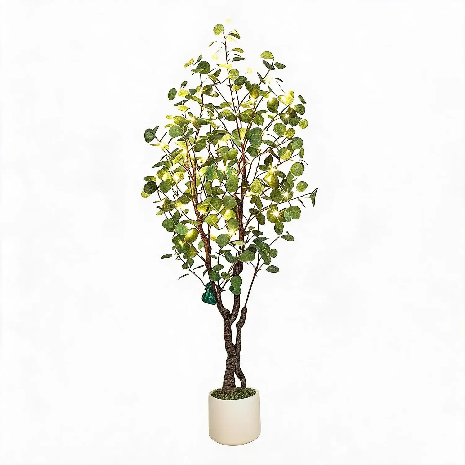 Artificial Eucalyptus Tree w/ 50 LED Lights, Pre-Potted Faux Floor Plant, Realistic Silk Multi-Stem Greenery in White Planter for Home & Office Decor Christmas Party Supplies 2