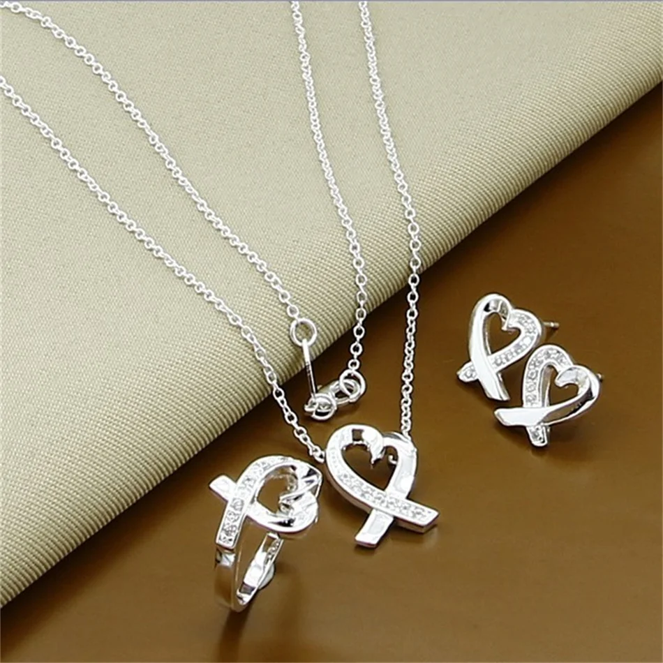 

925 Silver Set Fashion Heart Chain Necklace Ring Stud Earrings Jewelry Set For Women Wedding Party Charm Jewelry