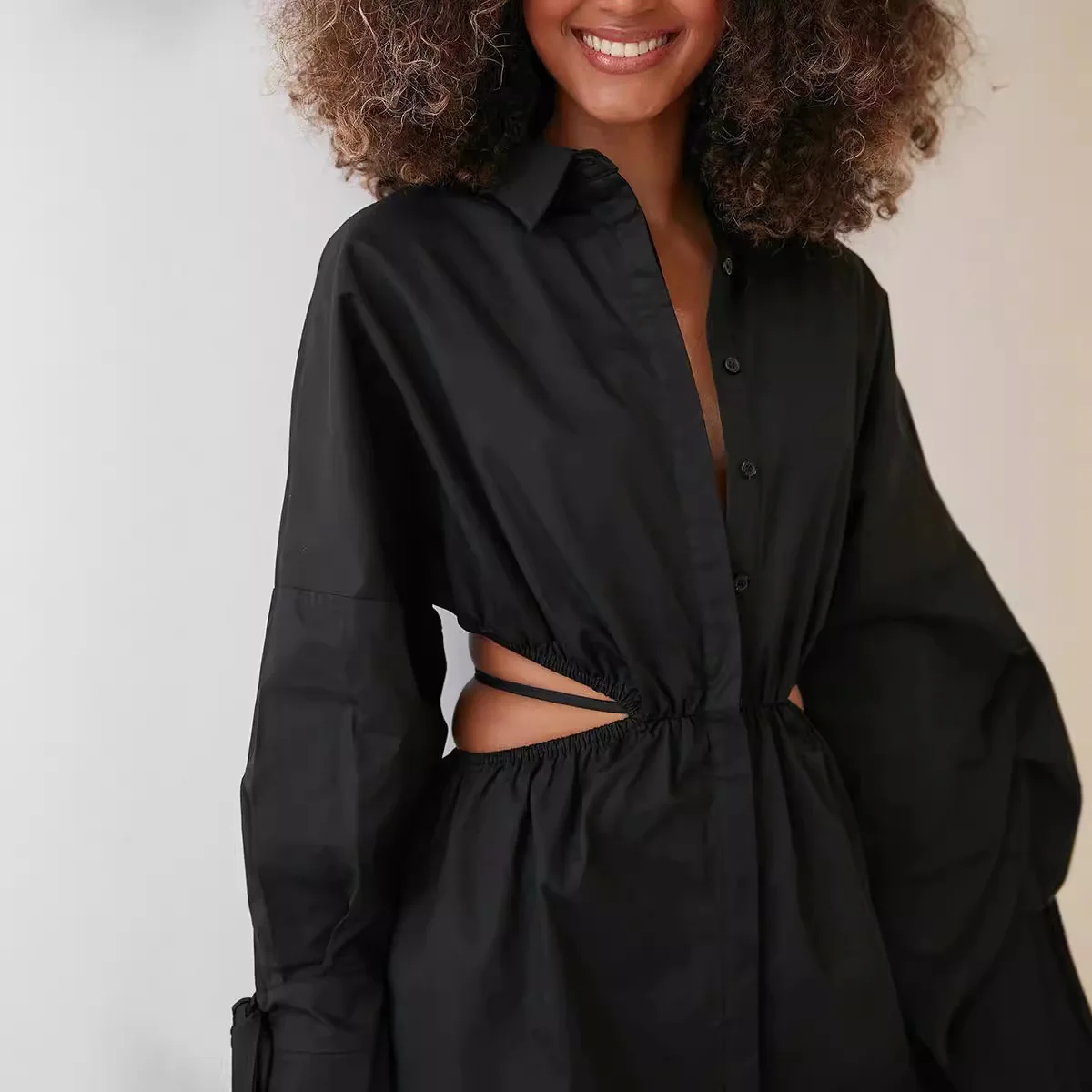 Gonna camicia nera cava Fondo aderente Manica a lanterna a vita alta Abito con parola A 2025 Estate Nuova moda Abbigliamento donna