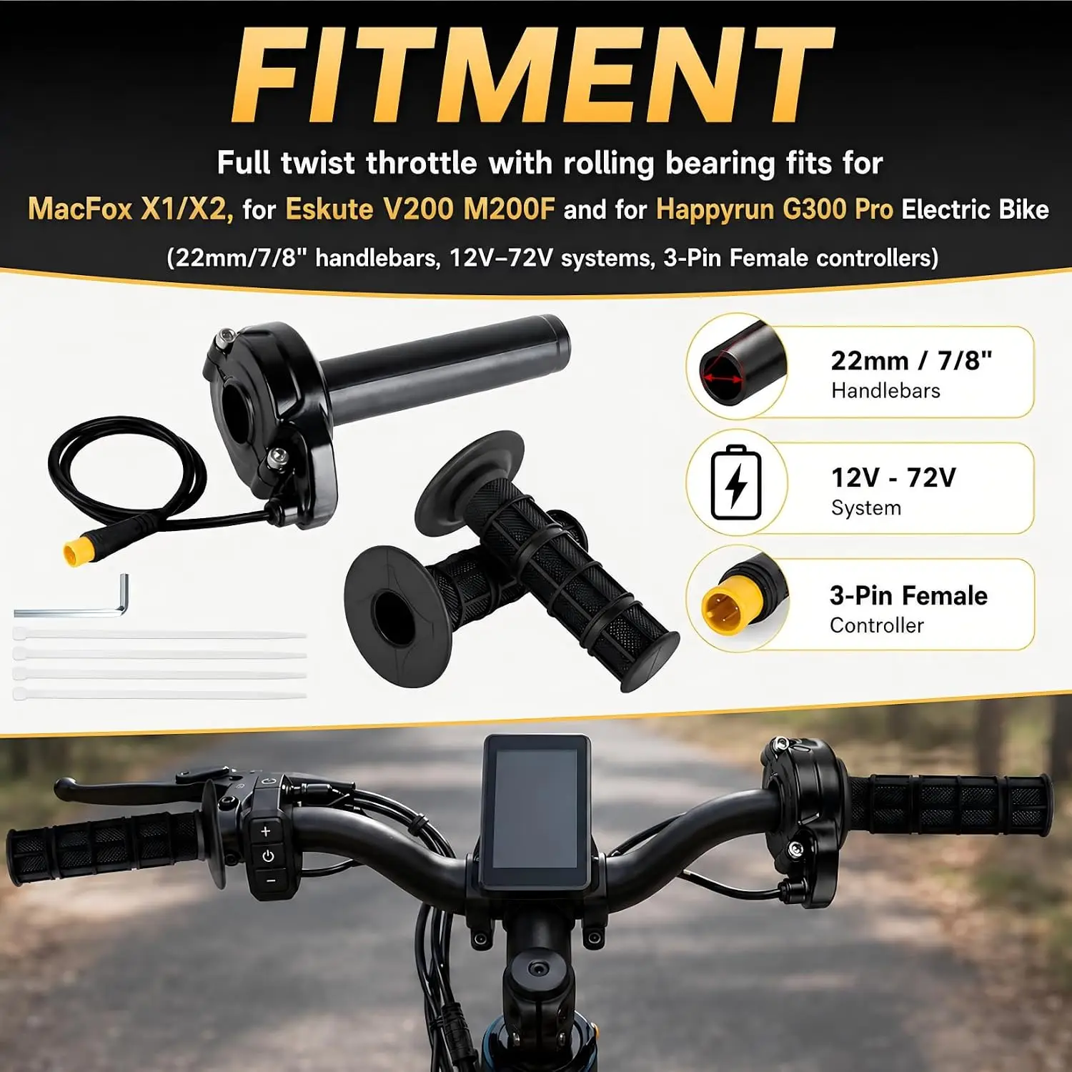 3Pin Full Twist Throttle 3 Pin Surron Style Ebike Throttle Grip for Macfox X1 X2 Eskute V200 E-Bike with 7/8