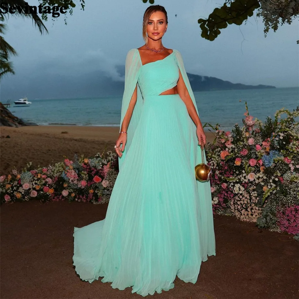 Sevintage Customized Mint Green Chiffon Prom Dress A-Line Long Cape Sleeves Floor Length Formal Evening Dress Women Party Gowns