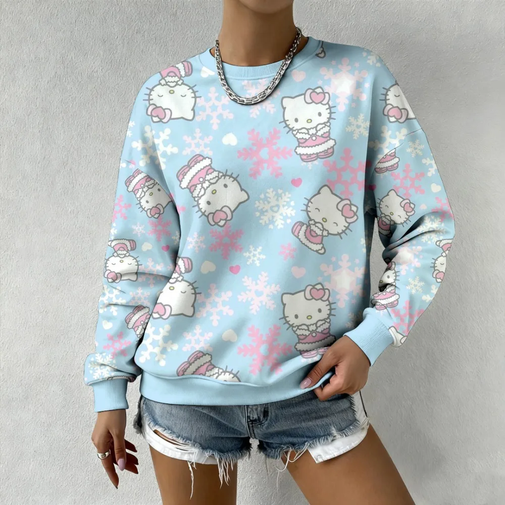 

Рождественская женская круглая толстовка с принтом Hello Kitty, повседневная праздничная модная снежинка, удобный пуловер, зимний наряд
