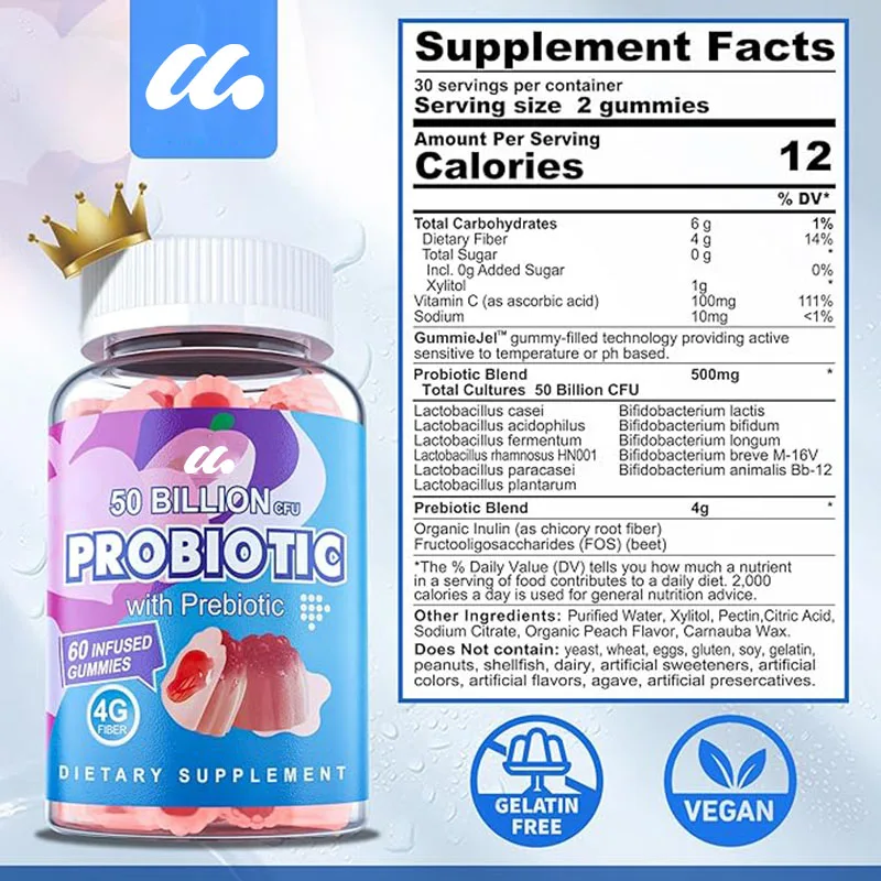 Sugar free probiotic gummies with 50 billion CFU of 11 probiotic filled gummies containing prebiotic fibers, peach flavor