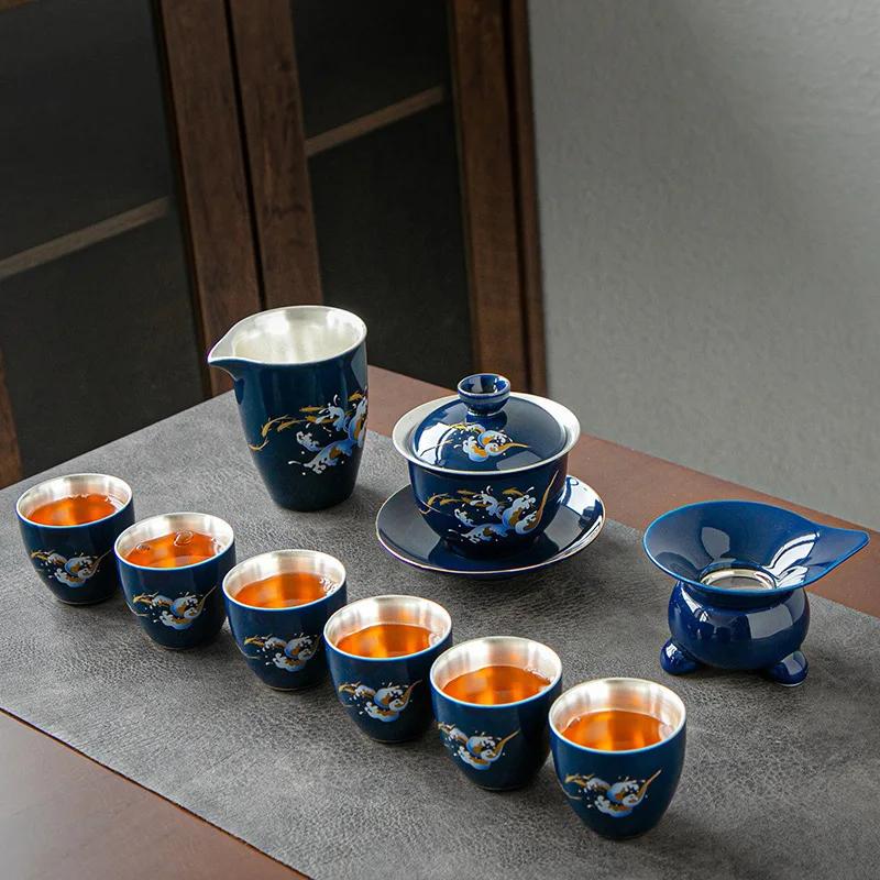 Pure Silver Tea Set Kung Fu Tea Cup Handmade Silver-Plated Gaiwan Gift Box Set Promotional Business Gift CustomizableLOGO