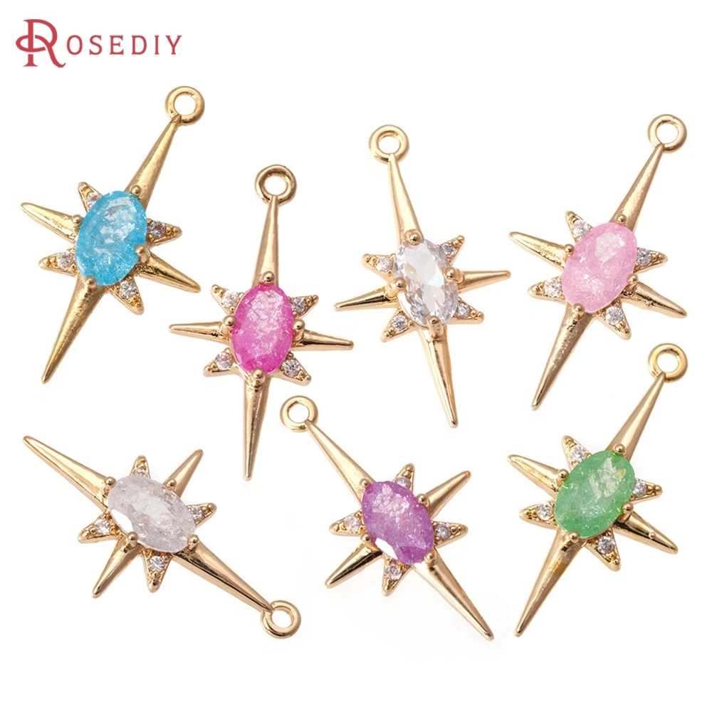 

6PCS 18K Gold Color Brass Zircon Glass Cross Star Charms Pendants High Quality Diy Necklace Earrings Jewelry Making Accessories