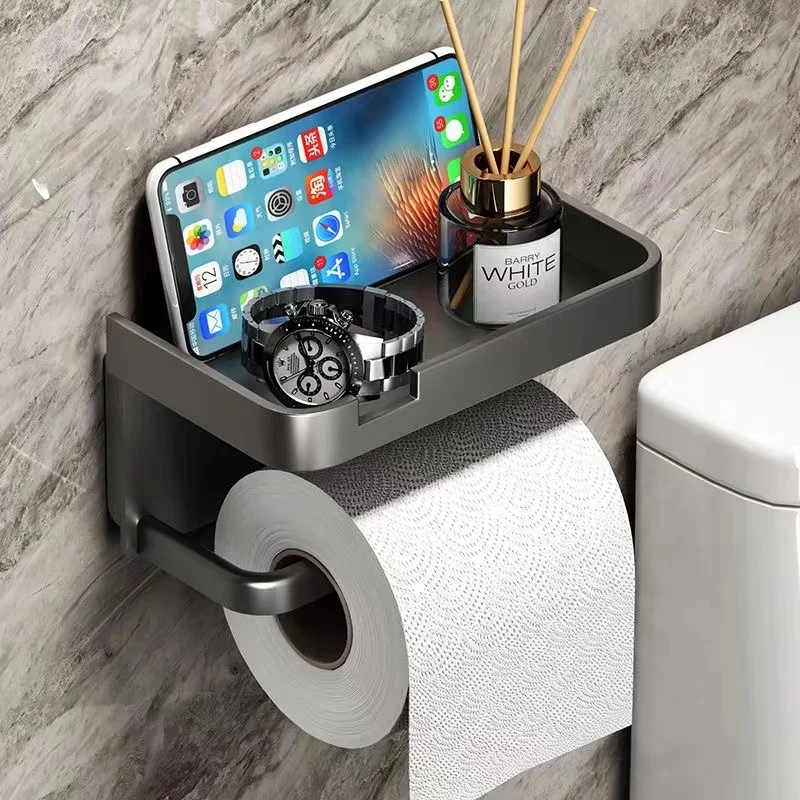 ABS Toilet Paper Holder Black No Drill Kitchen Storage Bathroom Accessories Self-Adhesive Wall Mounted Tissue Rack Mobile Shelf