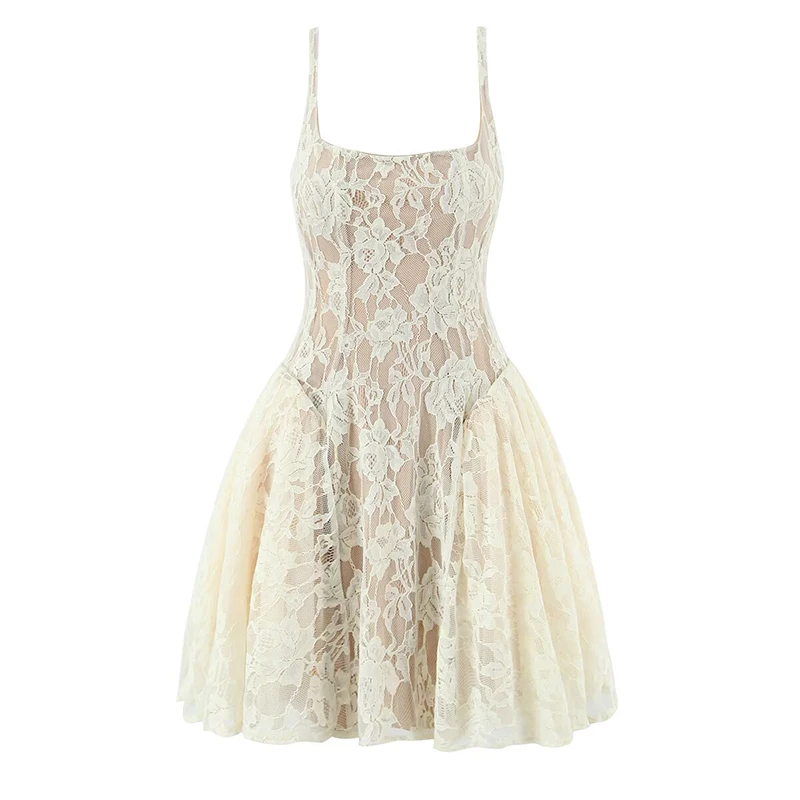 YENKYE nuevo 2026 mujeres Sexy fiesta sin mangas vestido de encaje Beige negro verano vestido de baile Mini vestidos