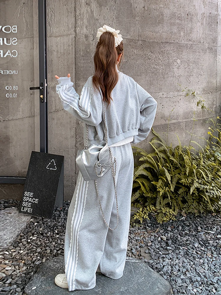 Komplet damski: bluza z koronkowym wykończeniem i szerokie spodnie, casualowy zestaw dwuczęściowy, nowa kolekcja wiosna-jesień, sportowy styl.