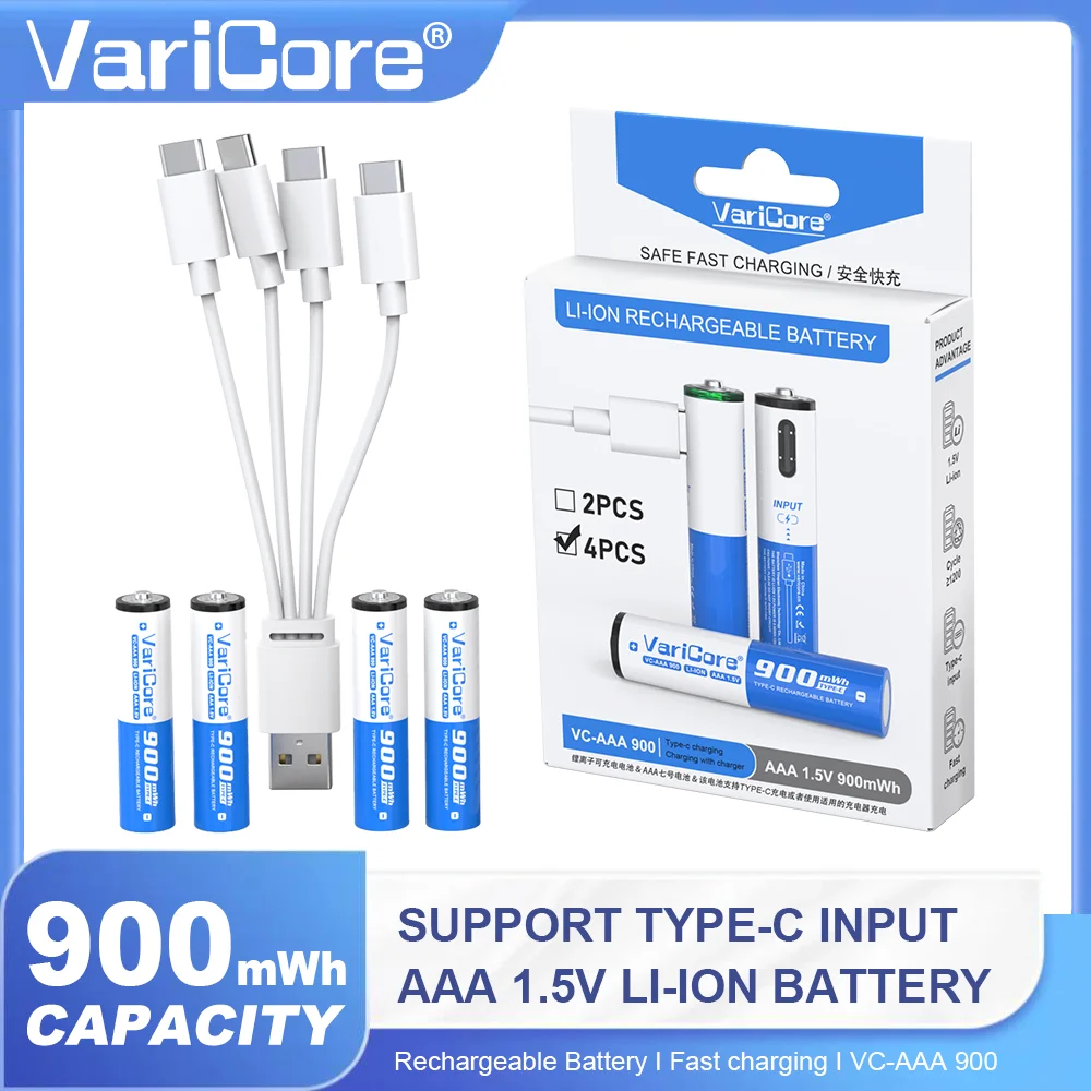 

VariCore 1.5V USB AAA Li-ion Battery 900mWh Rechargeable Battery Type-C Fast Charging for Mouse Remote Control