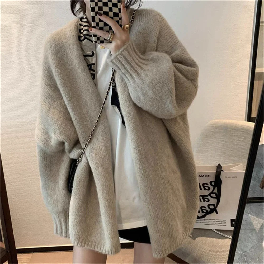 

Korea Style Autumn Knitted Loose Overcoat Women Cardigan Fluff Knitwear Female Vintage Solid V Neck Sweater