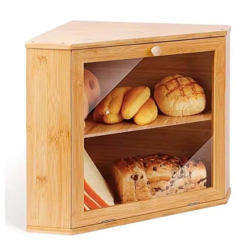 Multifunctional bamboo corner double-layer wooden bread box kitchen rectangular food organ food storage bag carton