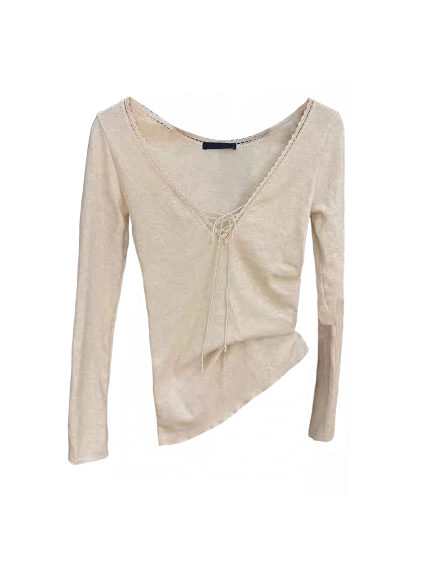 

Корейская прозрачная кружевная блузка-топ с V-образным вырезом и завязками, женская, осенне-зимняя, облегающая, в стиле сладко-пикантной девушки, базовая, для ношения под одеждой...