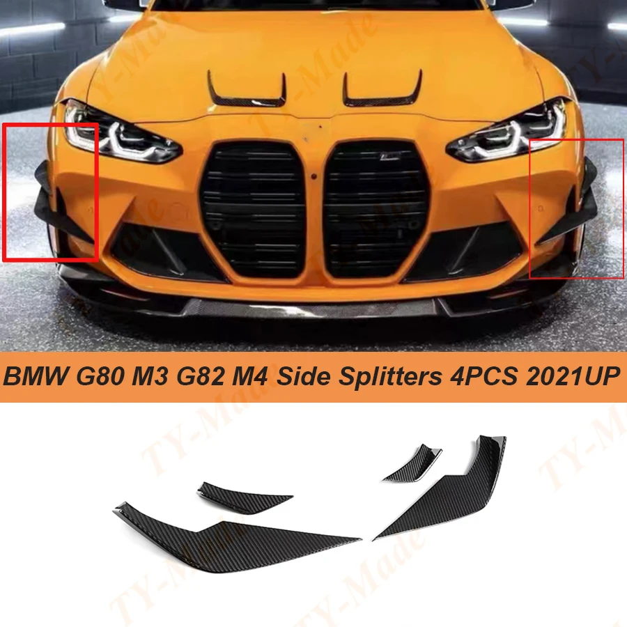 New M3 M4 4PCS Real Carbon Fiber Front Bumper Fins Canards Side Splitters Trim For BMW 3/4 Series G80 M3 G82 M4 2021up VS Style