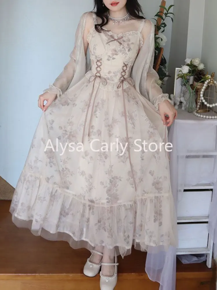 Vintage Elegant Floral Dress Women Sweet Ruffles Mesh Fairy Strap Dress Female 2023 Summer Court Retro Evening Party Dress Sexy