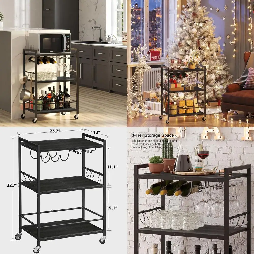 

Home Bar Cart with Wine Rack, Glass Holder, and Rolling Shelf - BC01BK030