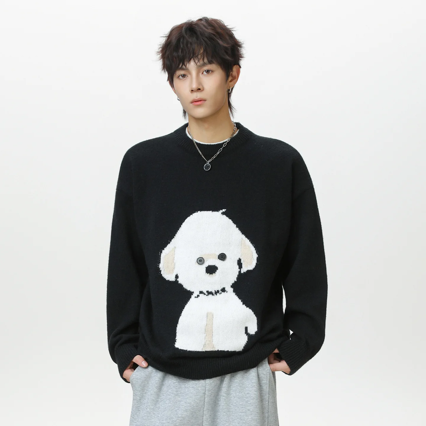 High Quality Cartoon Dog Print Knitted Sweater Men Crew Neck Winter Warm Soft Casual Loose Streetwear Oversize Pullover Men