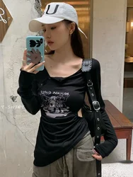 QWEEK Gothic Harajuku Hollow Out t-shirt Women Mall Goth Manga Cartoon Print Black Tshirt Design manica lunga top 2023