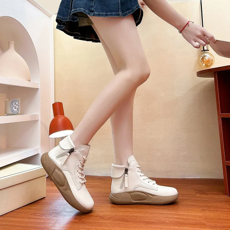 2024 Autumn Korean Style Fashion Women's Casual Shoes High Top Breathable Sneakers Leather Ankle Boots Platform Zip Botas Mujer