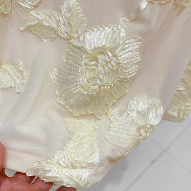 2024 Winter New Collection Long Flare Sleeve Embroidered Floral Back Hollow Out Beige Short Dress Women