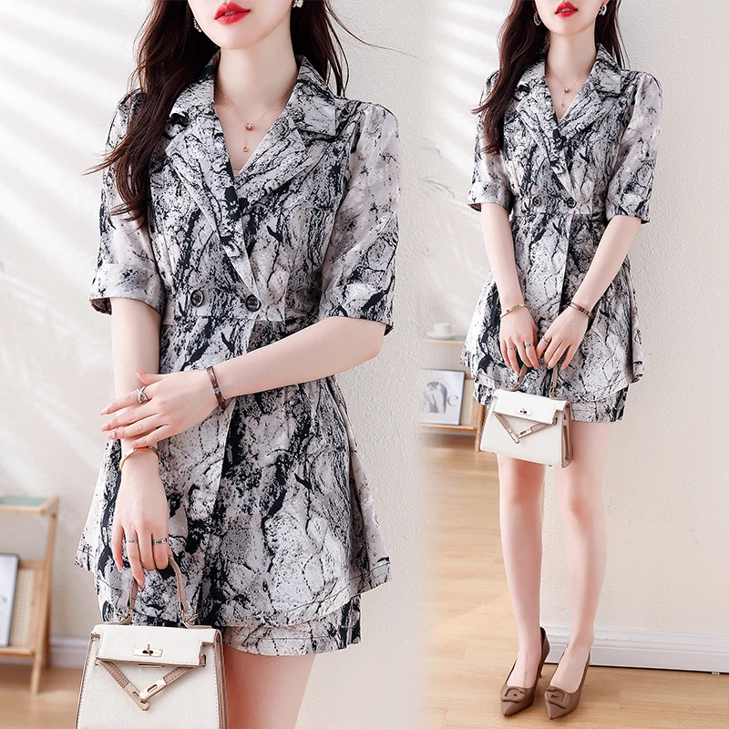 Large Size Women's Summer New High Quality Ink Painting Tops Dress and Shorts Set Two-Pieces Suit Outfits 2024