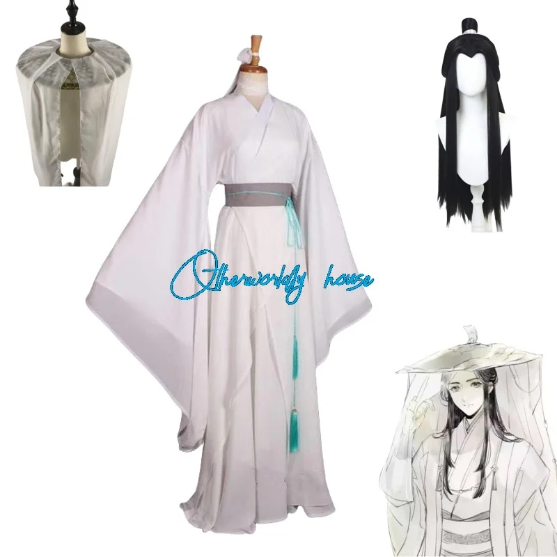 Xie Lian Cosplay Costume Anime Tian Guan Ci Fu Cosplay Xielian Wigs Bamboo Hat Men Women White Han Fu Clothes  Halloween Prop