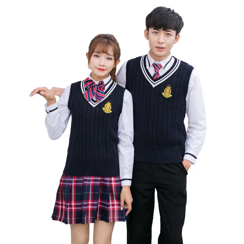 C034 High School Students Uniforms in Autumn and Winter South Korea College Wind Knitted Vest Three-piece Suit