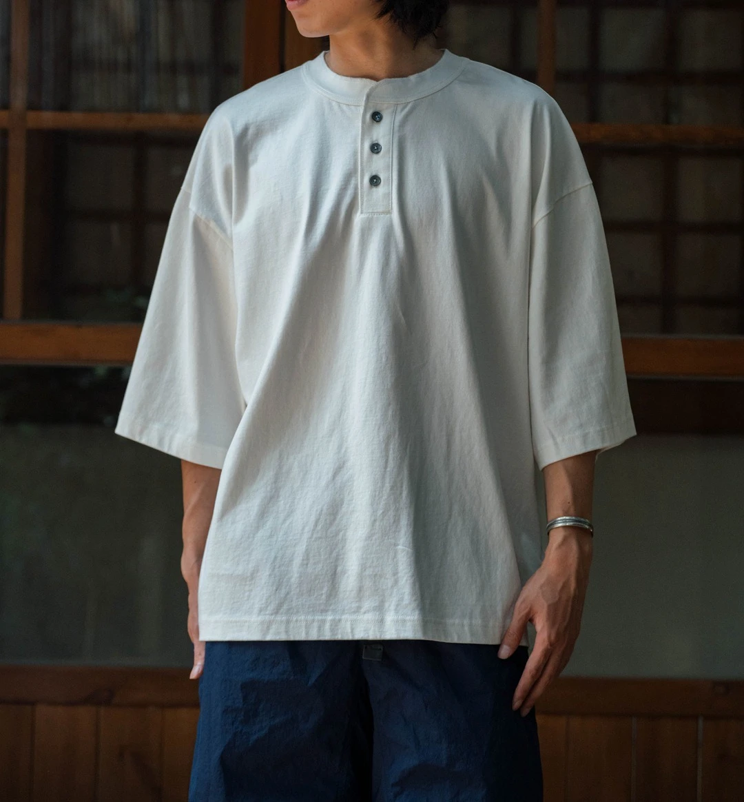 

2026 Summer New 285G Pure Cotton Double Yarn Henry Collar Short Sleeve Shoulder Five-quarter Sleeve T-shirt