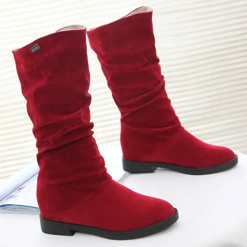 Autumn Winter Women Shoes Mid Calf Boots Warm Plush Women's Shoes Retro Slip on Platform Low Heel Knight Long Stretch Boots