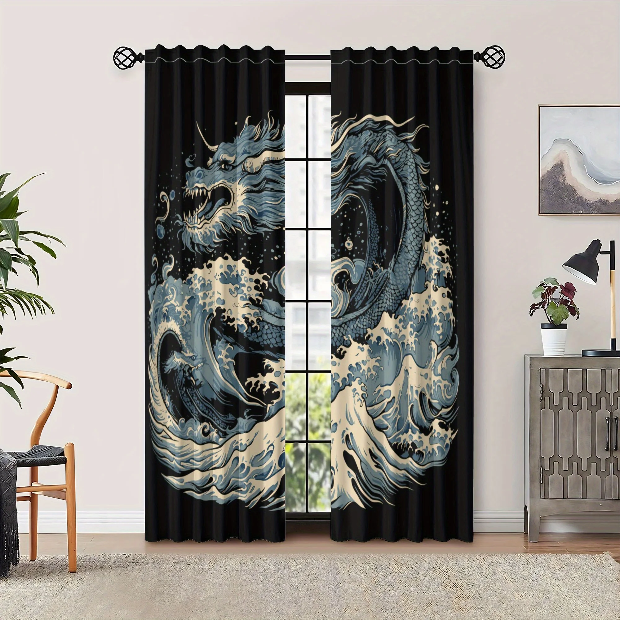 2pcs Dragon Design Blackout Curtains  Polyester Retro Japanese-Inspired Dragon & Wave Art, Grommet Top for Easy Hanging