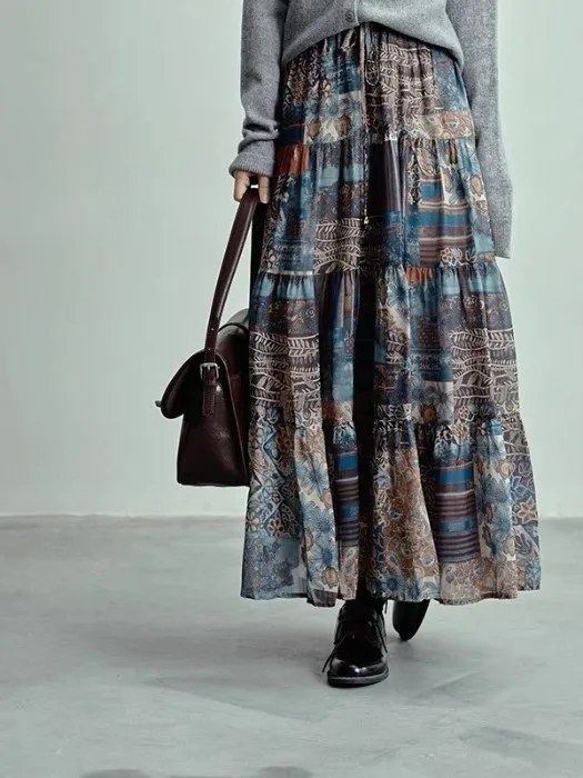 Ele บทคัดย่อพิมพ์ผ้าไหม f กระโปรง Vintage อเนกประสงค์ Draped Midi กระโปรงผู้หญิงฤดูร้อน 2025 ใหม่มาถึง