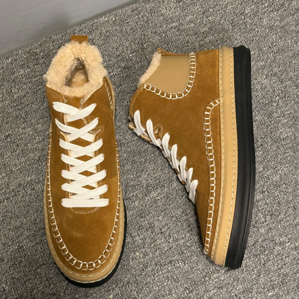 New high-end insulated winter insulated thick-walled warm sheepskin fur snow boots for men, high-top style