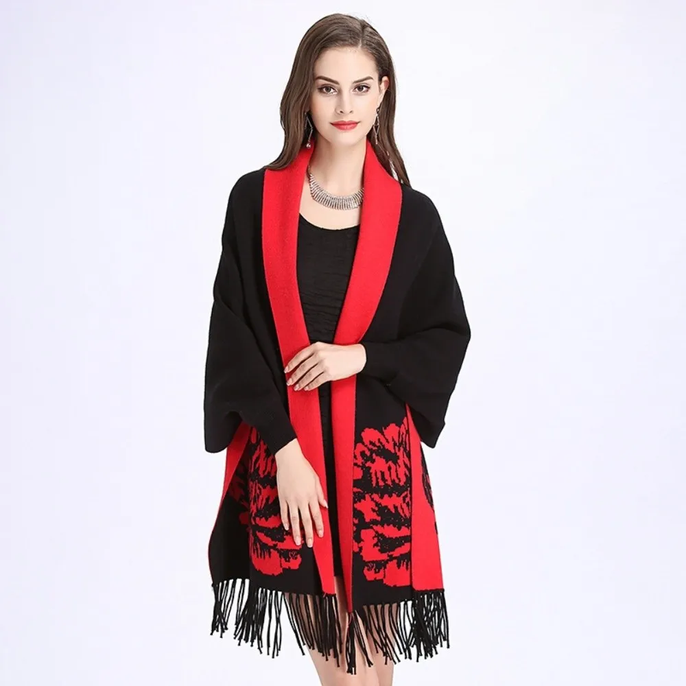 Oversized With Sleeves Floral Jacquard Cape Peony Pattern Thick Yarn Knit Shawl Scarf Casual Warm Poncho Wrap Wedding Party