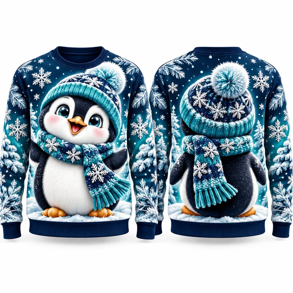 Penguin Ugly Christmas Sweater for Men Women Festive Holiday Party Crewneck Pullover Long Sleeve Printed Winter Sweaters