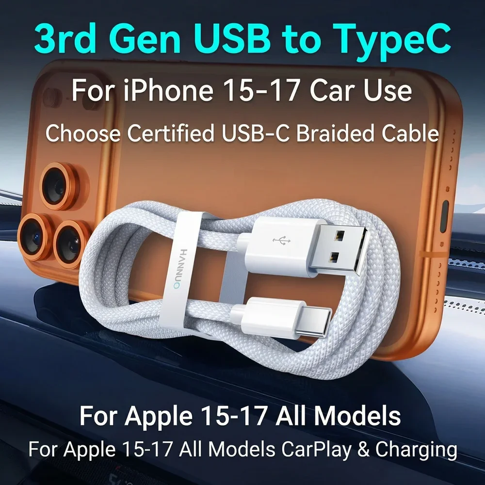 USB to Type C Fast Charging Data Cable for iPhone 17/17 Pro/17 Pro Max for CarPlay Phone USB C Cord Braided Charging Accessories