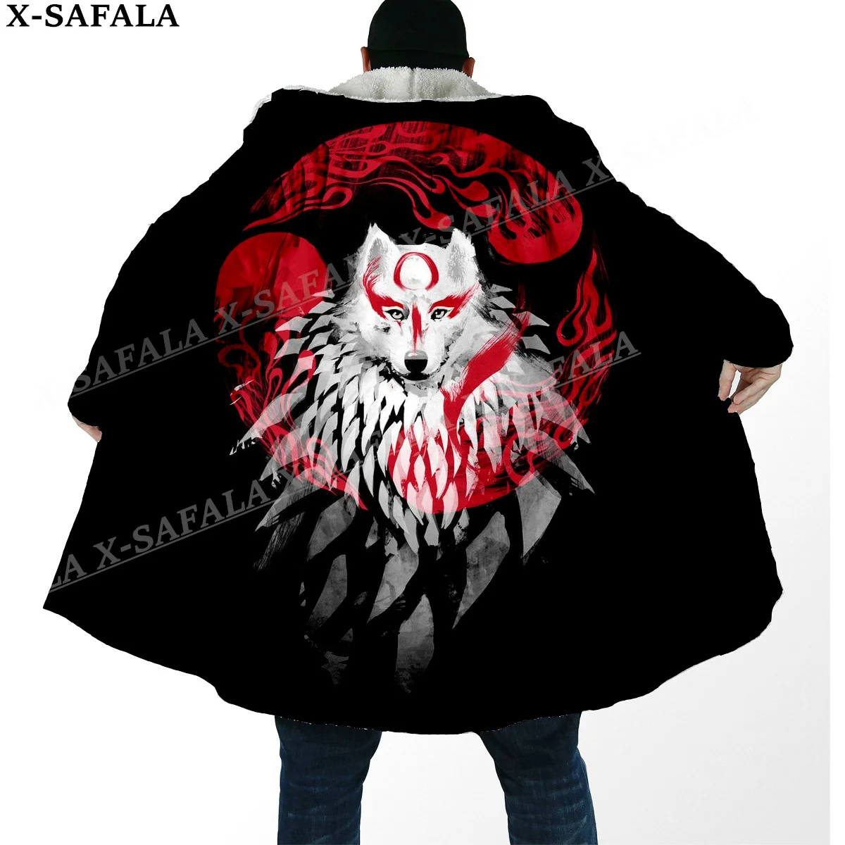 

Okami Wolf Tattoo Print Thick Warm Hooded Cloak Men Overcoat Coat Windproof Fleece Cape Robe Hooded Blanket-1