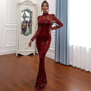 2025 Vestido de noche elegante de estilo europeo para mujer con mangas largas a cuadros y cuello redondo, vestido de lentejuelas listo para enviar