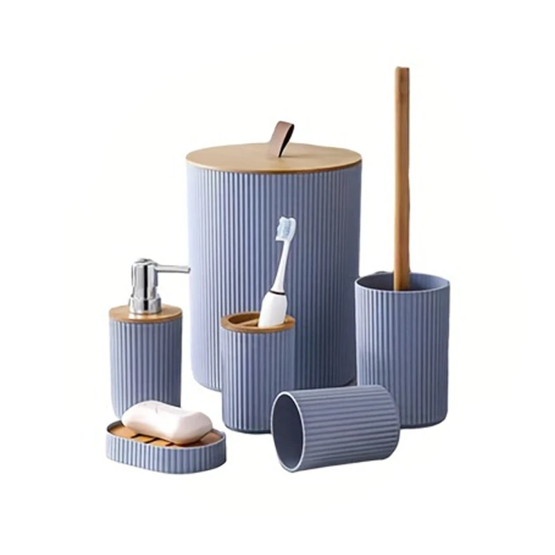 

6 шт., аксессуары для ванной комнаты, дозатор мыла, коробка для туалетной щетки, бутылка для лосьона, мусорный бак, пластиковый набор для хранения в ванной, чашка для зубной щетки