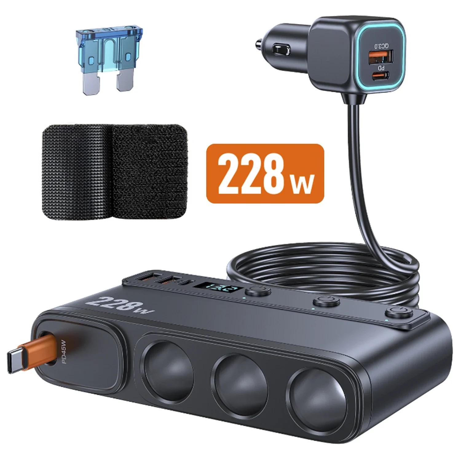 228W Auto-Ladegerät mit 3 Zigarettenanzünder-Buchsen, 3 QC3.0 USB-Anschlüssen und 65cm ausziehbarem PD Typ-C Schnellladegerät