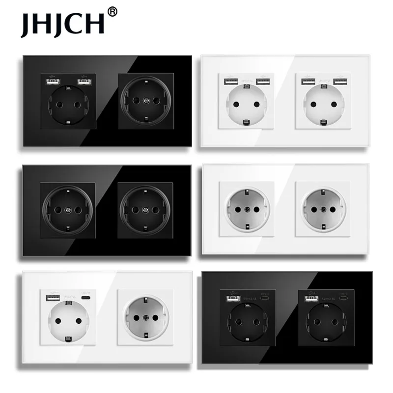 JHJCH EU standard wall mounted power socket, crystal glass panel, German standard 2-hole with USB C port 16A dual grounding