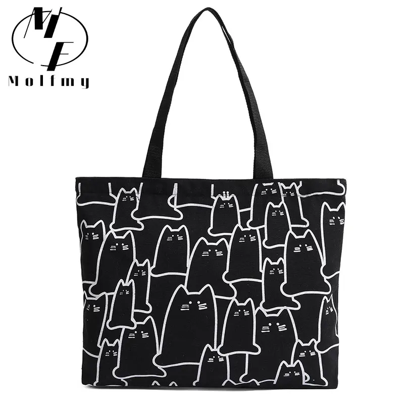 Canvas Handbag For Women 2022 Fashion Cute Cat Tote Messenger Bags With Zipper Designer Bag Ladies Cartoon Shoulder Shopper Bags