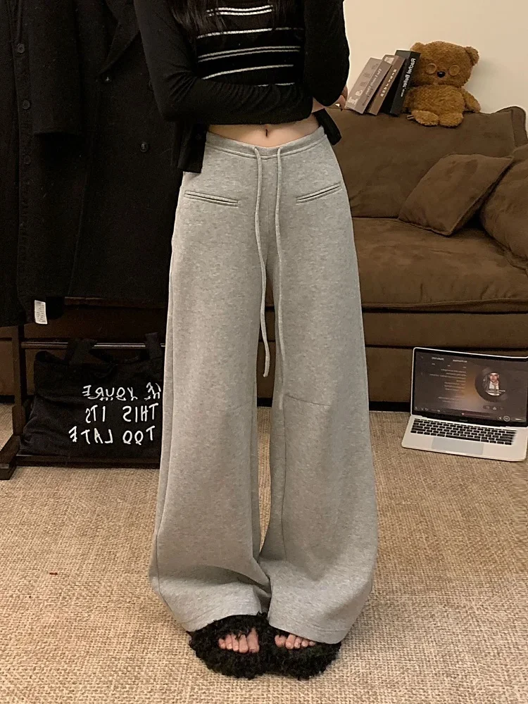 

ADAgirl Grey Straight Sweatpants Women Sporty Chic Drawstring Wide Leg Joggers Casual Oversize Streetwear Baggy High Wasit Pants