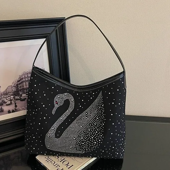 Fashion Swan Rhinestone Women's Hobo Shoulder Bag, Large Capacity Casual Tote Handbag for Daily Commute, Weekend Shopping