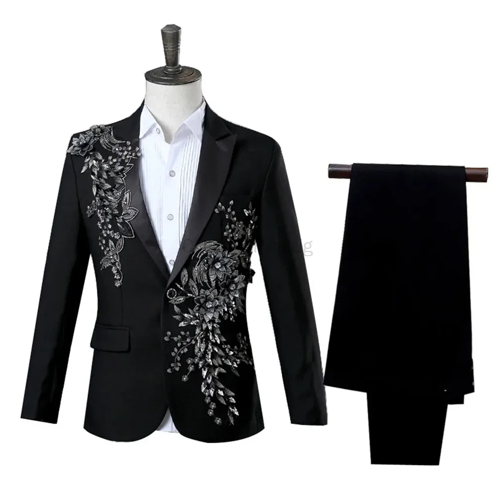 

Men's Black Suit with Silver Floral Embroidery 2-Piece Formal Tuxedo Set Stage Performance Wedding Party Blazer and Pants Suit