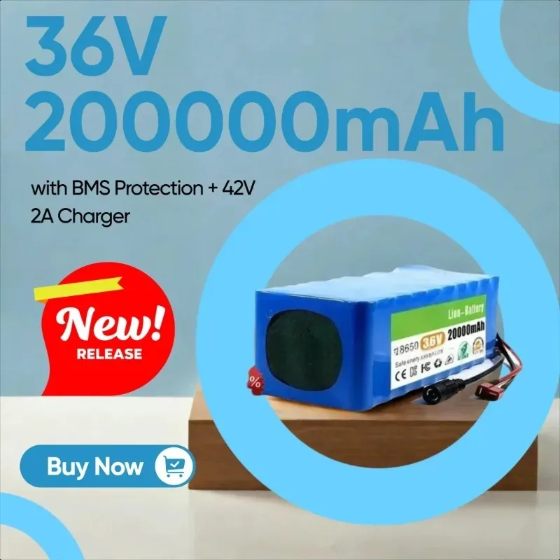 

36V 200000mAh Battery 18650 10S4P High Power Batteries with BMS Protection + 42V 2A Charger