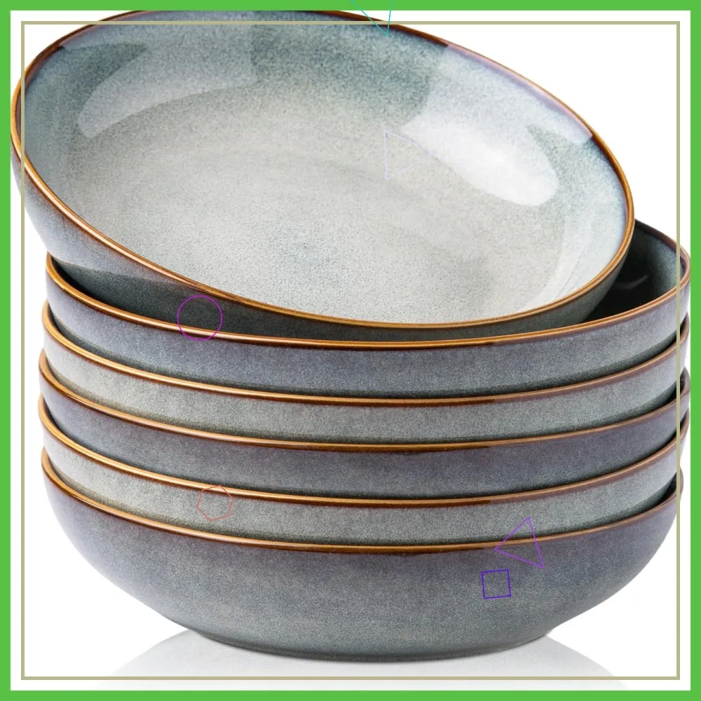 

8.5'' Large Ceramic Pasta Bowls Set of 6, Microwave Safe Ocean Blue for Kitchen Use