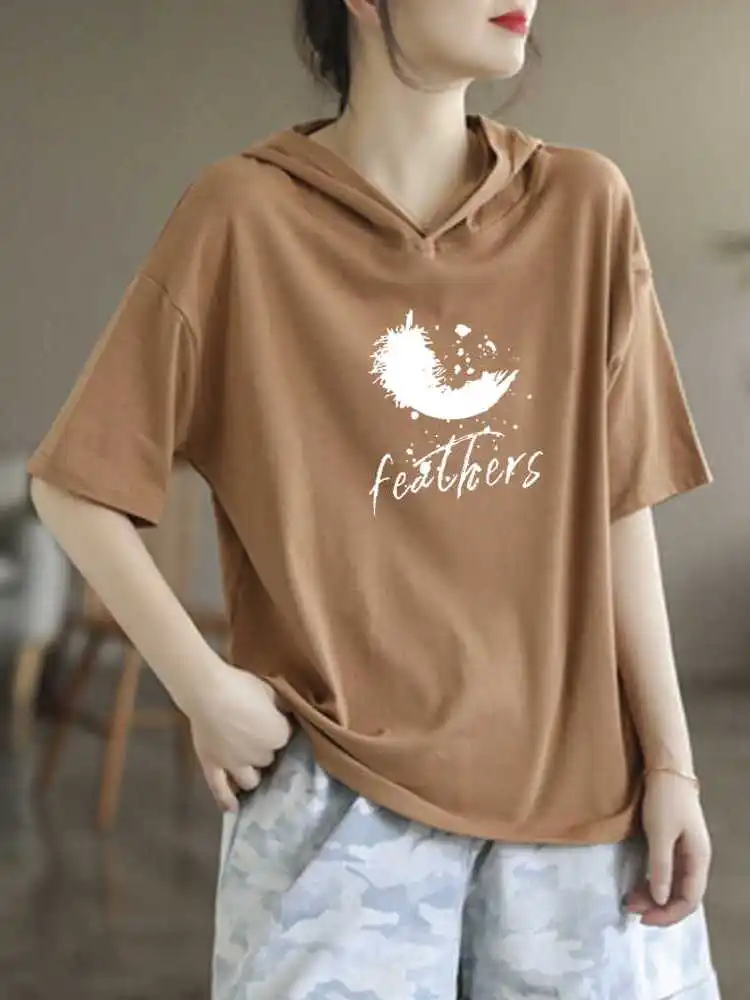 

Summer 2024 Women's Loose Cotton Short Sleeve T-Shirt Casual Versatile Base Shirt Top Fashionable Hooded Pure Cotton Tee