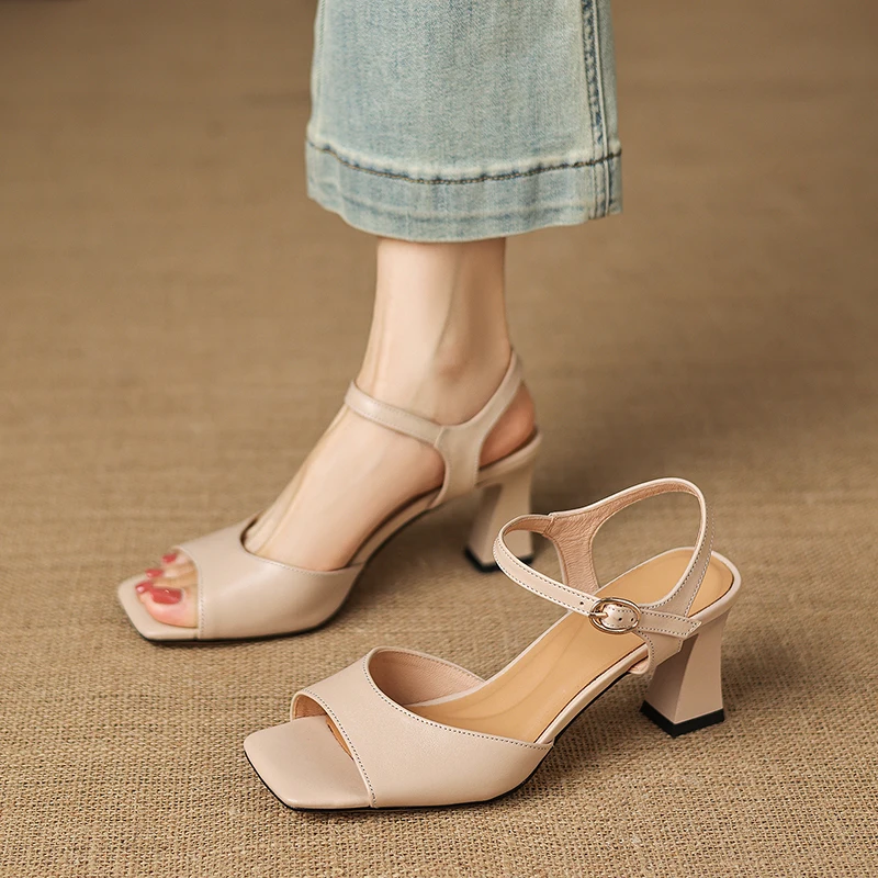 2026 new summer women sandals natural leather plus size 22-26cm sheepskin+cowhide+pigskin back-buckle high heel women shoes