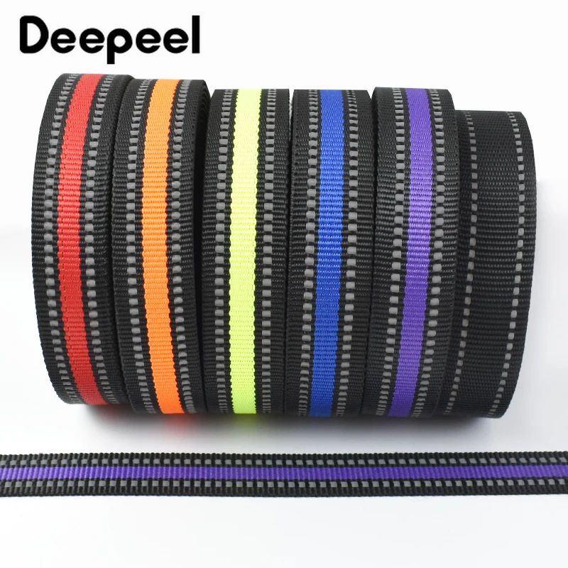 5/10Meters Deepeel 15/20/25mm Colored Stripe Reflective Webbing Pet Rope Backpack Strap Lanyard Ribbon DIY Sewing Accessories