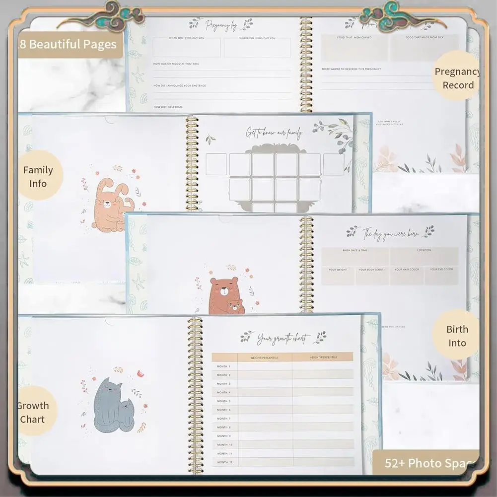 Durable Baby Memory Book Scrapbook Photo Album Pregnancy Diary Cute Animal Keepsake Record Growth Journal Hand Account Easy To U