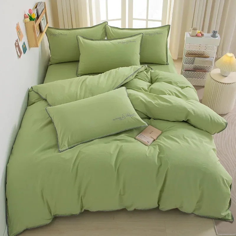 150/180/200CM Green Solid Color Water Wash Cotton Bed Sheet Duvet Cover Pillowcase Four-piece Spring Autumn Bedding Set M063-3